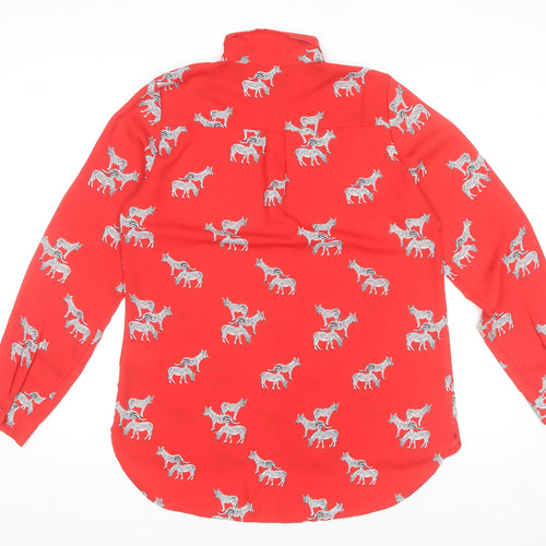 Costes Women Red Zebra Print Long Sleeve Basic Blouse Size L
