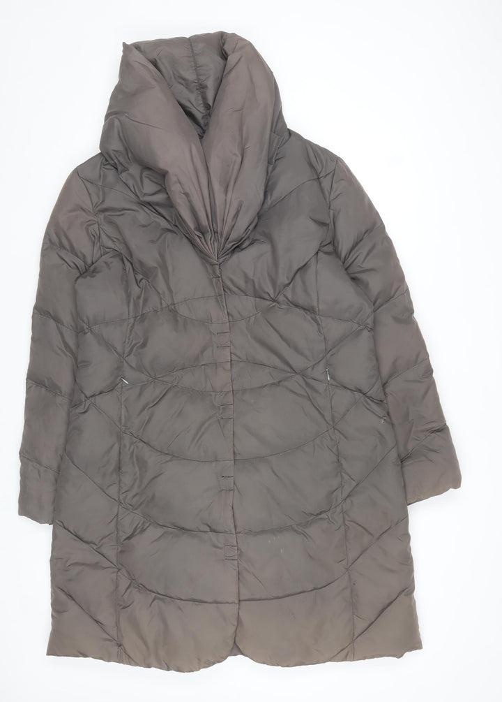 Nine West Women's Brown Long Puffer Coat Size L Hooded Quilted Winter Jacket