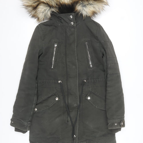 Bershka Womens Green Faux Fur Hooded Parka Coat XS