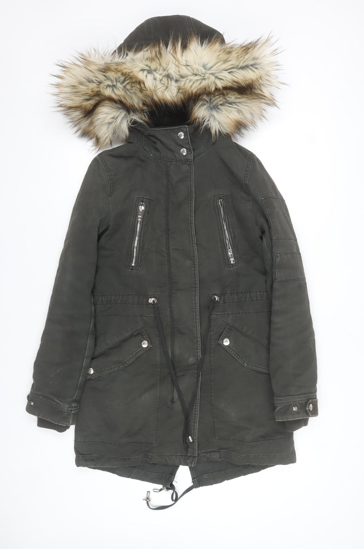 Bershka Womens Green Faux Fur Hooded Parka Coat XS