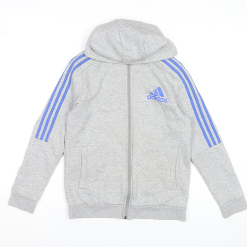 Adidas Boys Grey Full Zip Hoodie 13-14 Years Lined Cotton Blend
