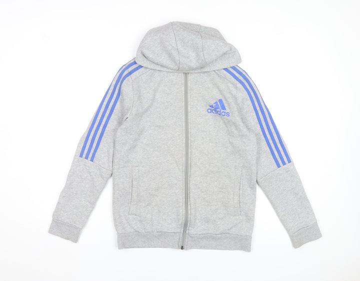Adidas Boys Grey Full Zip Hoodie 13-14 Years Lined Cotton Blend
