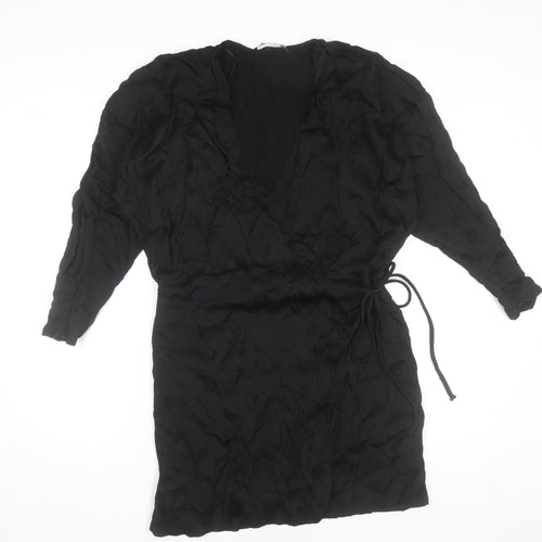 Zara Women Black Wrap Dress Size 16 Woven V-Neck Long Sleeve