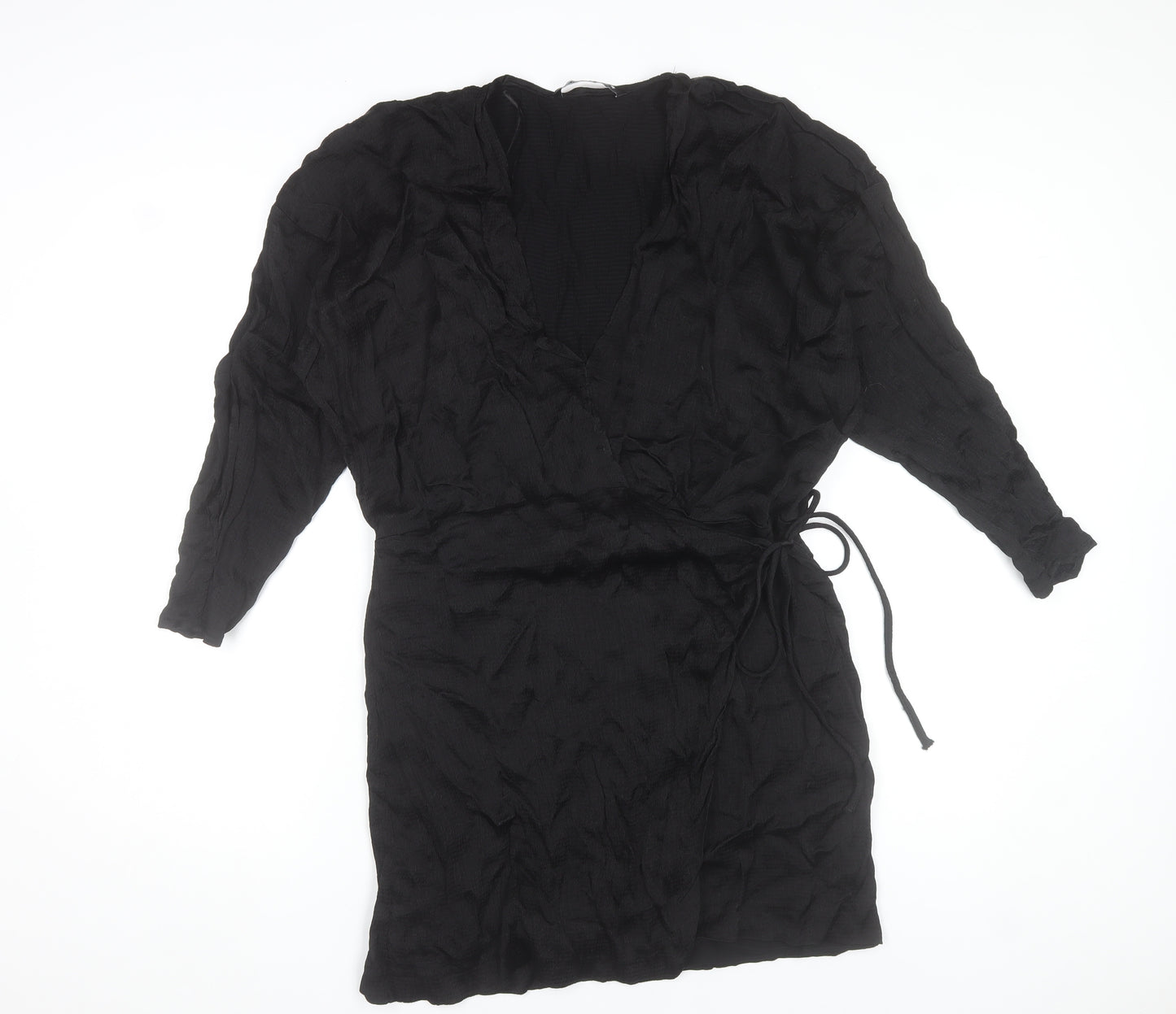 Zara Women Black Wrap Dress Size 16 Woven V-Neck Long Sleeve