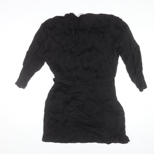 Zara Women Black Wrap Dress Size 16 Woven V-Neck Long Sleeve