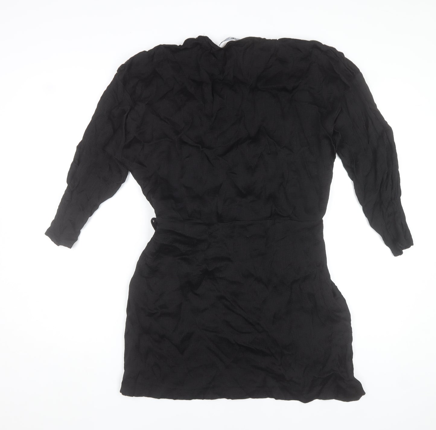 Zara Women Black Wrap Dress Size 16 Woven V-Neck Long Sleeve