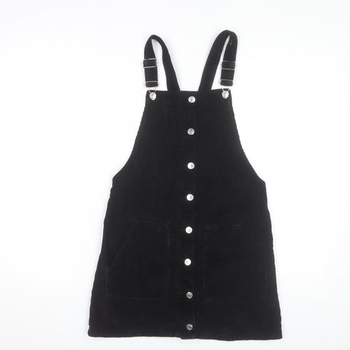 Topshop Women Black Corduroy Pinafore Dress Size 8 Sleeveless Button Front