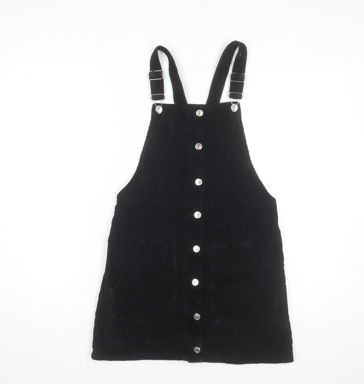 Topshop Women Black Corduroy Pinafore Dress Size 8 Sleeveless Button Front