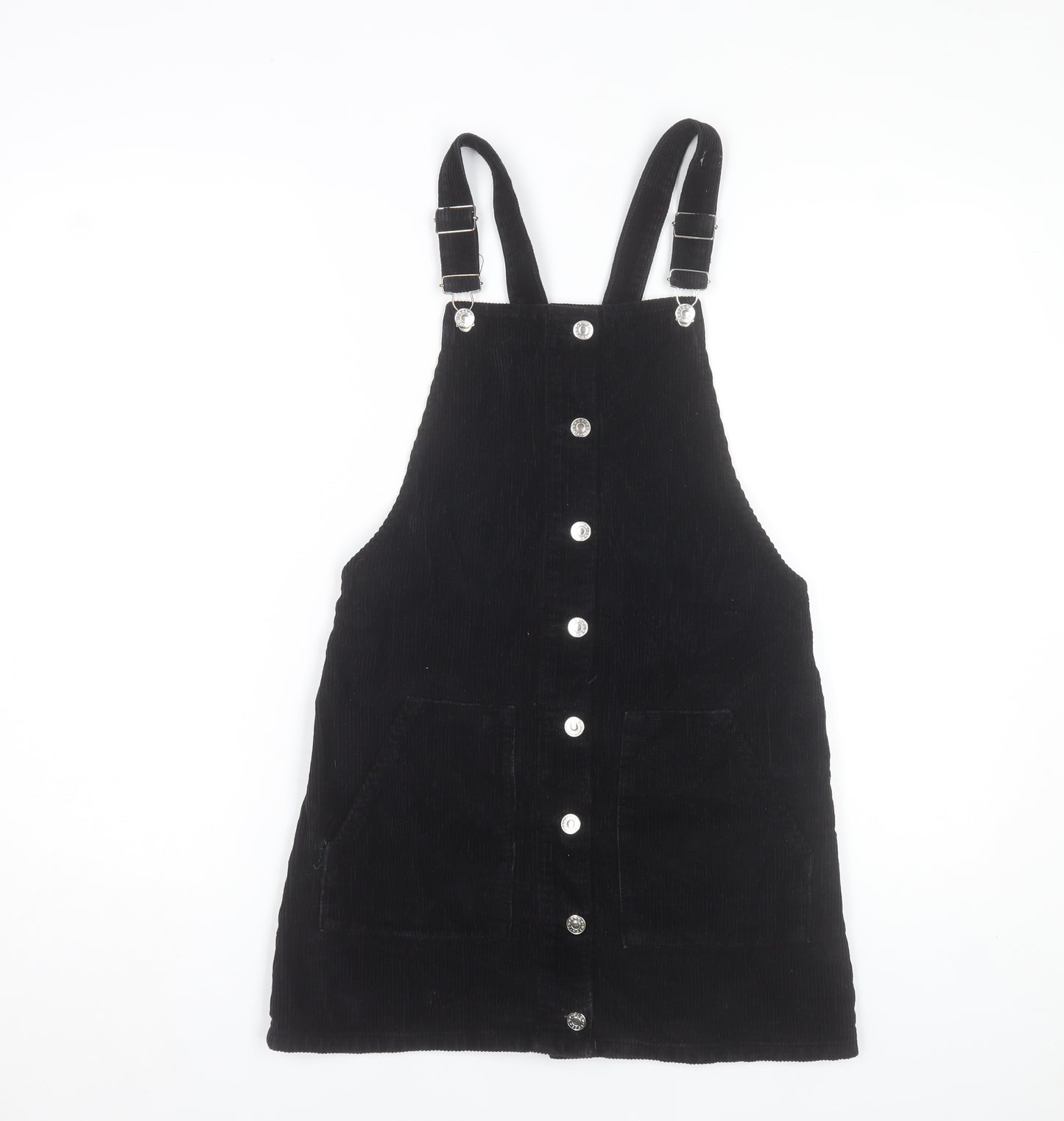 Topshop Women Black Corduroy Pinafore Dress Size 8 Sleeveless Button Front