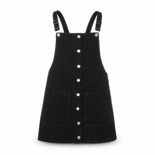 Front view of Topshop Women Black Corduroy Pinafore Dress, size 8, Sleeveless Button Front