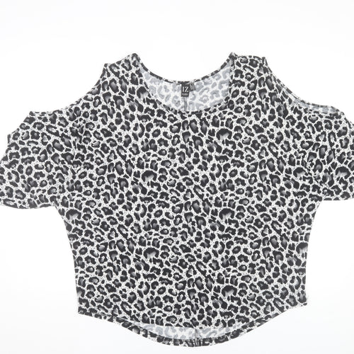 Izabel London Women's Grey Animal Print Cold Shoulder Top Size 14