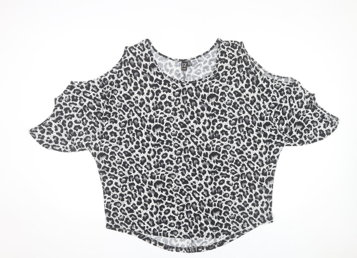 Izabel London Women's Grey Animal Print Cold Shoulder Top Size 14