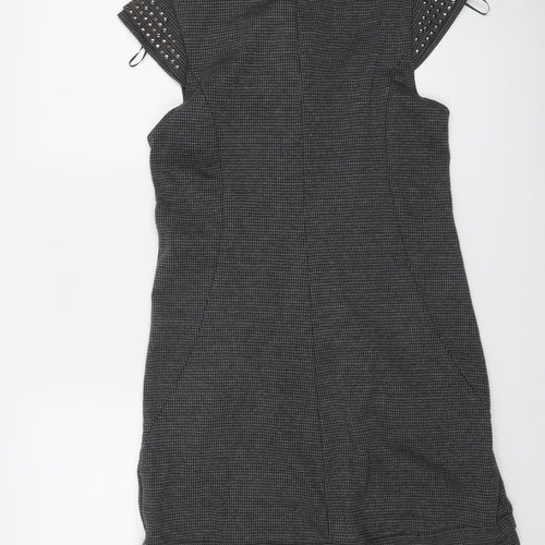 Apricot Women Grey Houndstooth Shift Dress L Short Sleeve Cowl Neck