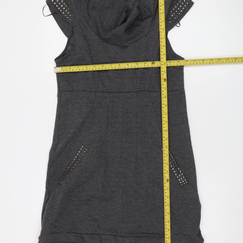 Apricot Women Grey Houndstooth Shift Dress L Short Sleeve Cowl Neck