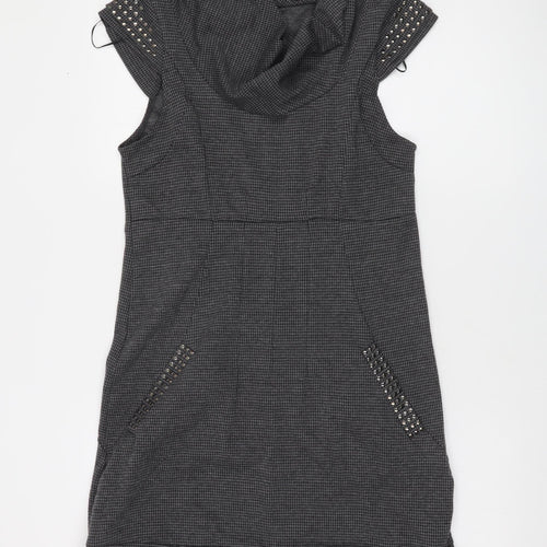 Apricot Women Grey Houndstooth Shift Dress L Short Sleeve Cowl Neck