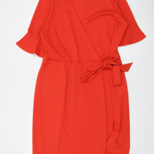 Dunnes Women’s Red Wrap Dress Size 14 Knee Length Belted
