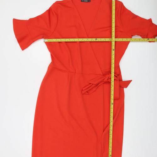Dunnes Women’s Red Wrap Dress Size 14 Knee Length Belted