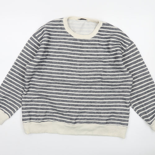 Zara Women Grey Striped Crew Neck Cotton Sweatshirt Size L