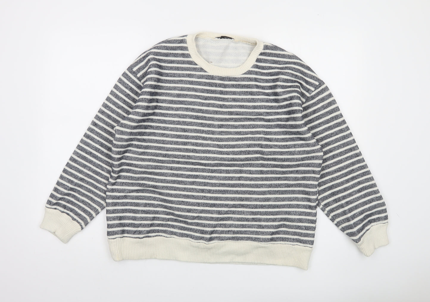Zara Women Grey Striped Crew Neck Cotton Sweatshirt Size L