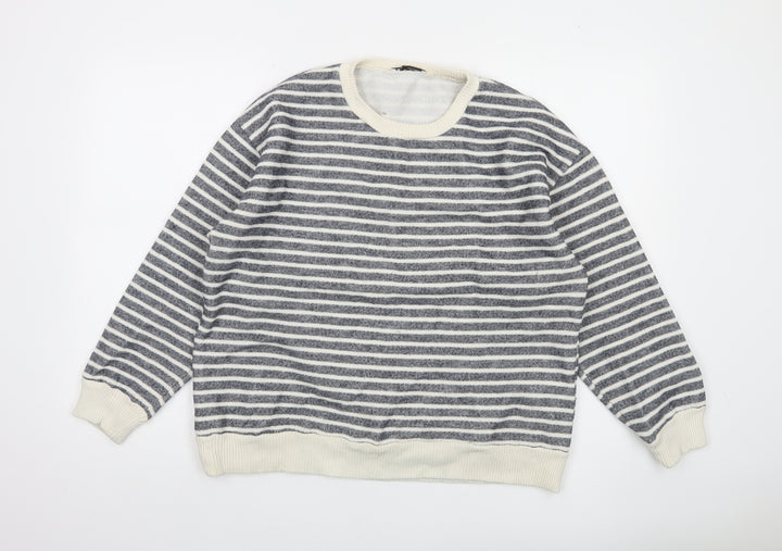 Zara Women Grey Striped Crew Neck Cotton Sweatshirt Size L