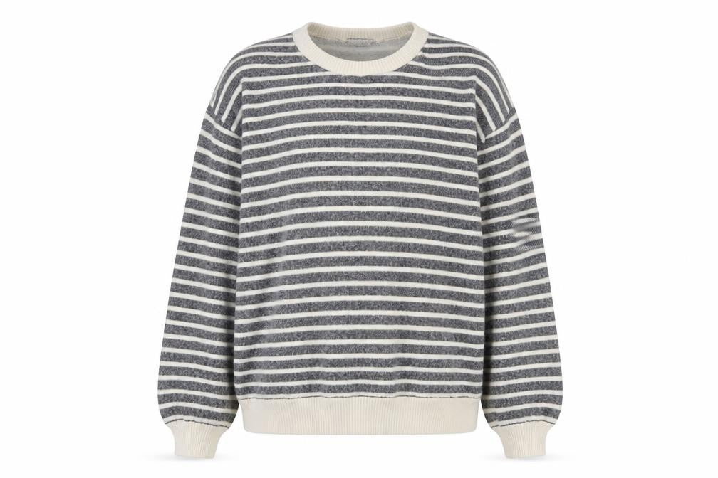 Front view of Zara Women Grey Striped Crew Neck Cotton Sweatshirt, size L