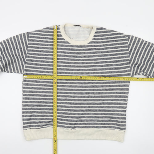 Zara Women Grey Striped Crew Neck Cotton Sweatshirt Size L