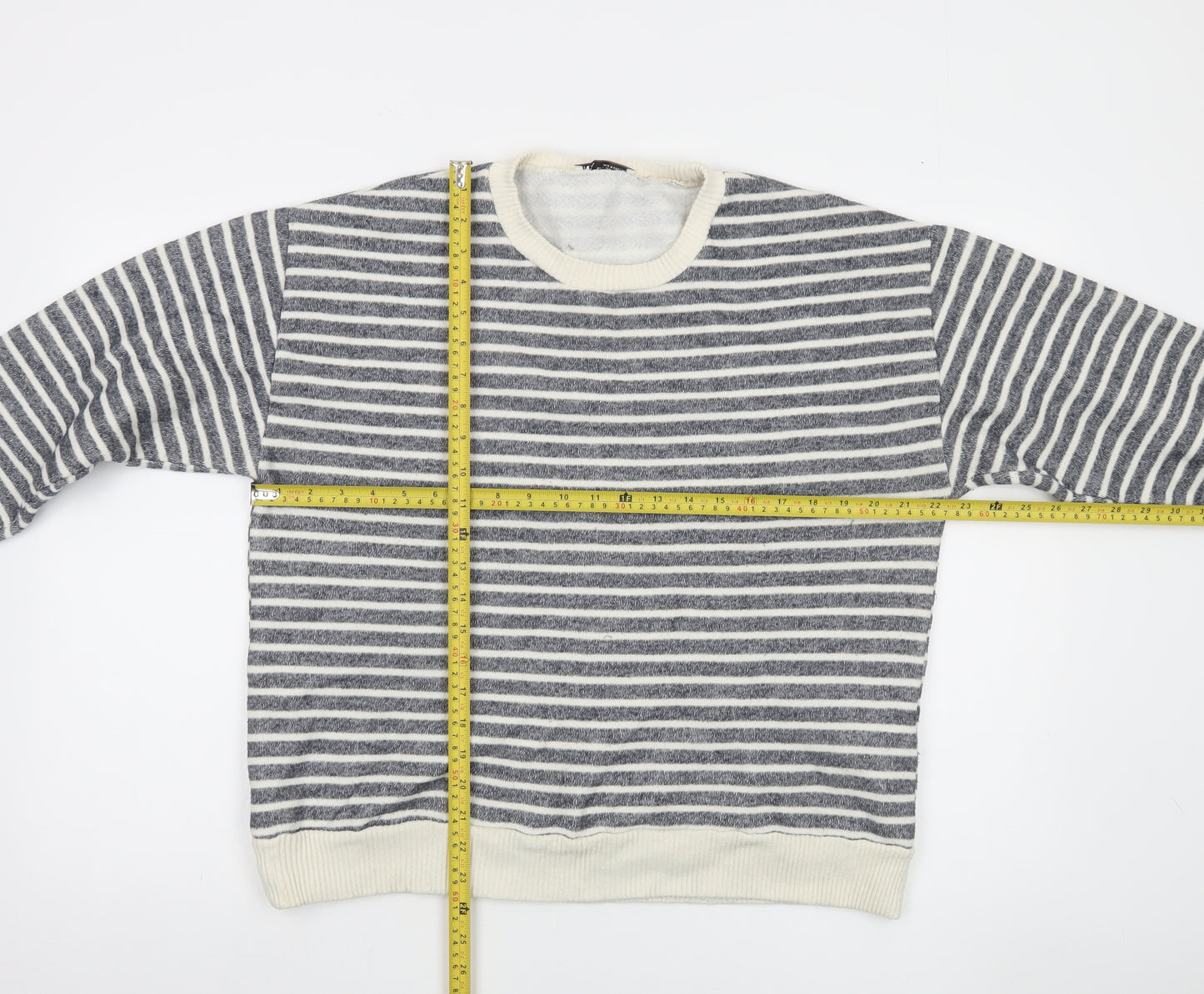 Zara Women Grey Striped Crew Neck Cotton Sweatshirt Size L