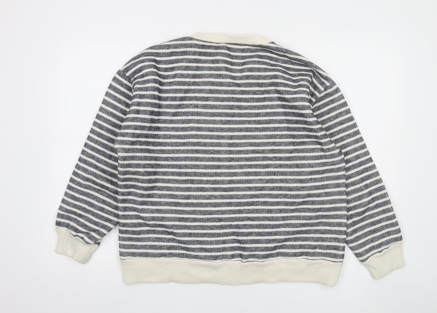 Zara Women Grey Striped Crew Neck Cotton Sweatshirt Size L