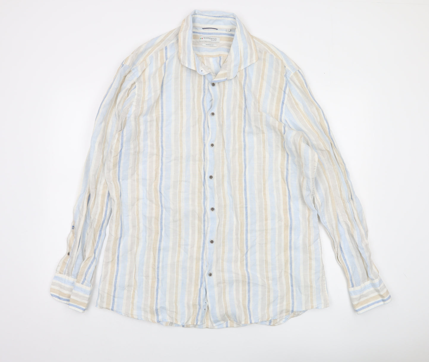 Giordano Men’s Multicoloured XL Linen Striped Long Sleeve Button-Up Shirt