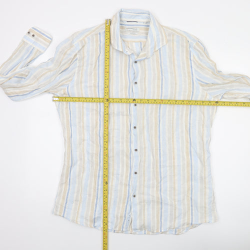 Giordano Men’s Multicoloured XL Linen Striped Long Sleeve Button-Up Shirt
