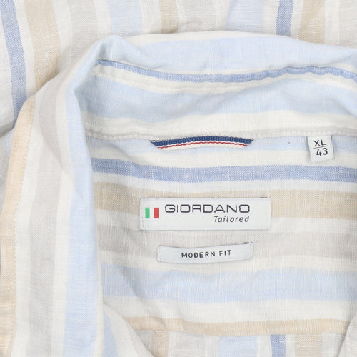 Giordano Men’s Multicoloured XL Linen Striped Long Sleeve Button-Up Shirt