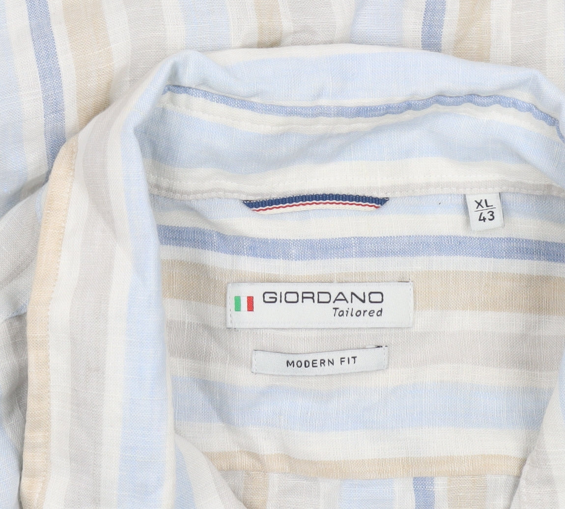 Giordano Men’s Multicoloured XL Linen Striped Long Sleeve Button-Up Shirt