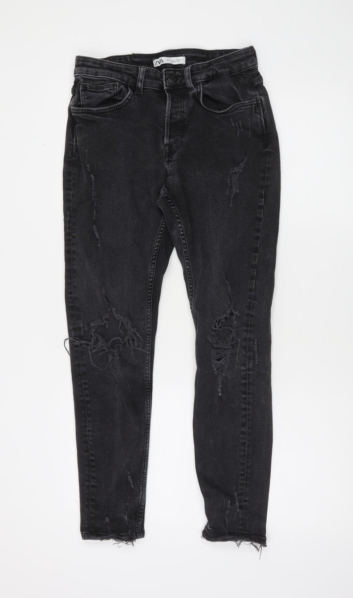 Zara Women Black Skinny Distressed Jeans Size 10 High Rise Denim