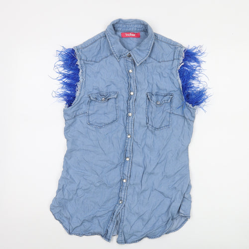 Sexy Woman Blue Sleeveless Collared Button-Up Denim Shirt Medium