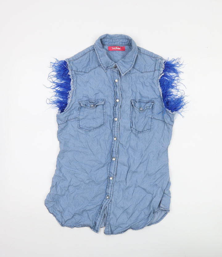 Sexy Woman Blue Sleeveless Collared Button-Up Denim Shirt Medium
