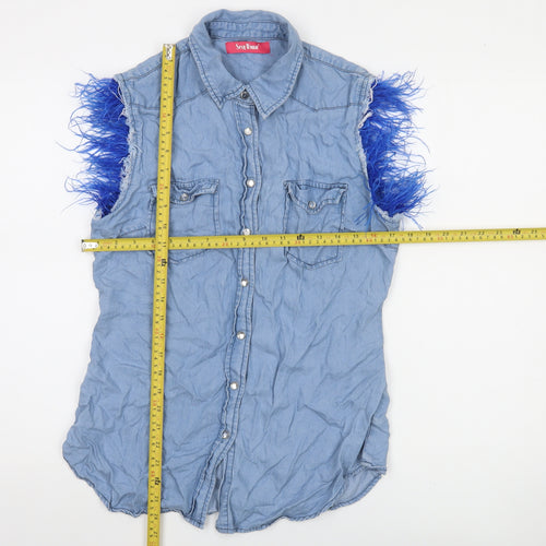 Sexy Woman Blue Sleeveless Collared Button-Up Denim Shirt Medium