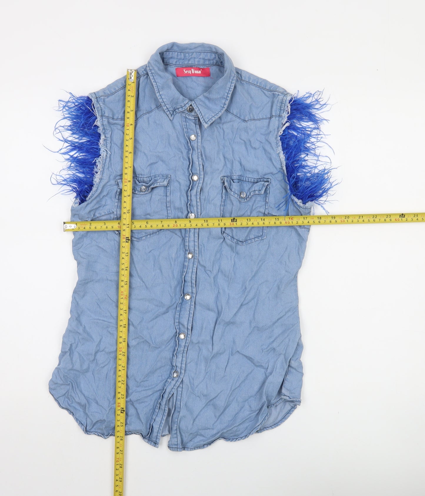 Sexy Woman Blue Sleeveless Collared Button-Up Denim Shirt Medium