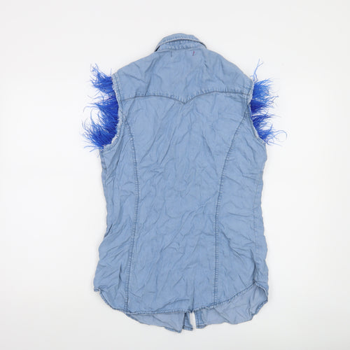 Sexy Woman Blue Sleeveless Collared Button-Up Denim Shirt Medium