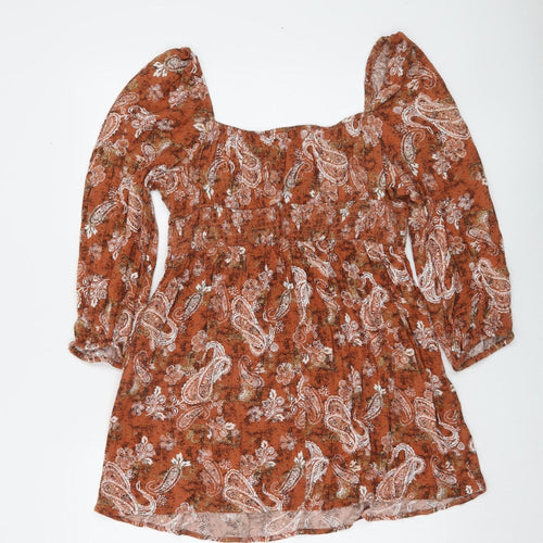 Stradivarius Women’s Brown Paisley Mini Dress L Viscose Boho Style