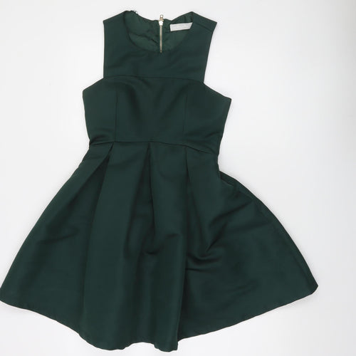 Lipsy Women's Green Sleeveless Skater Dress Size S Fit & Flare Zip Back