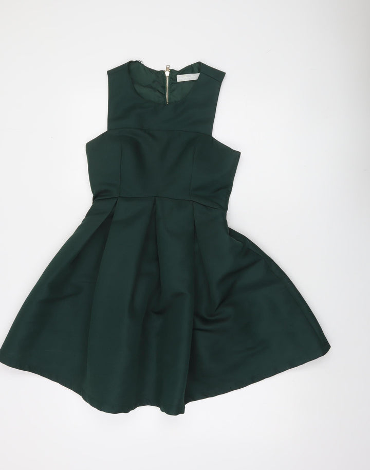 Lipsy Women's Green Sleeveless Skater Dress Size S Fit & Flare Zip Back