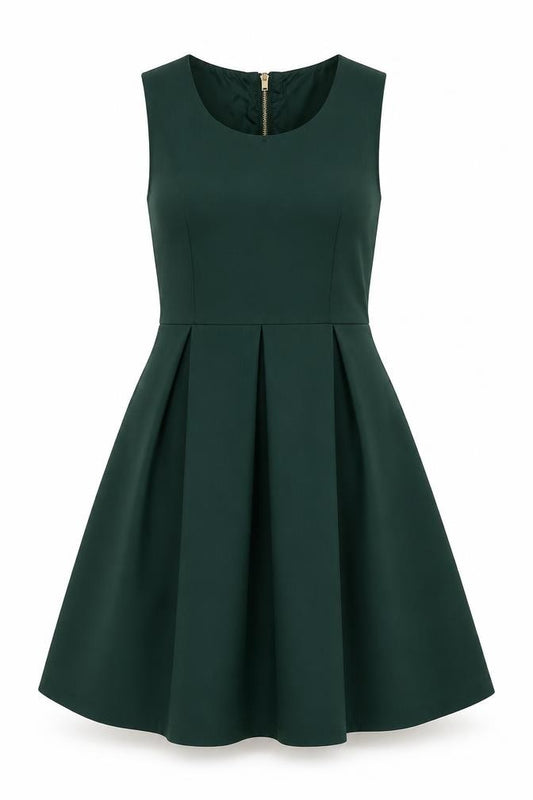Front view of Lipsy Women's Green Sleeveless Skater Dress, size S, Fit & Flare Zip Back
