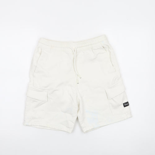 Bershka Men's White Cargo Shorts Small Cotton Blend Drawstring Elastic Waist