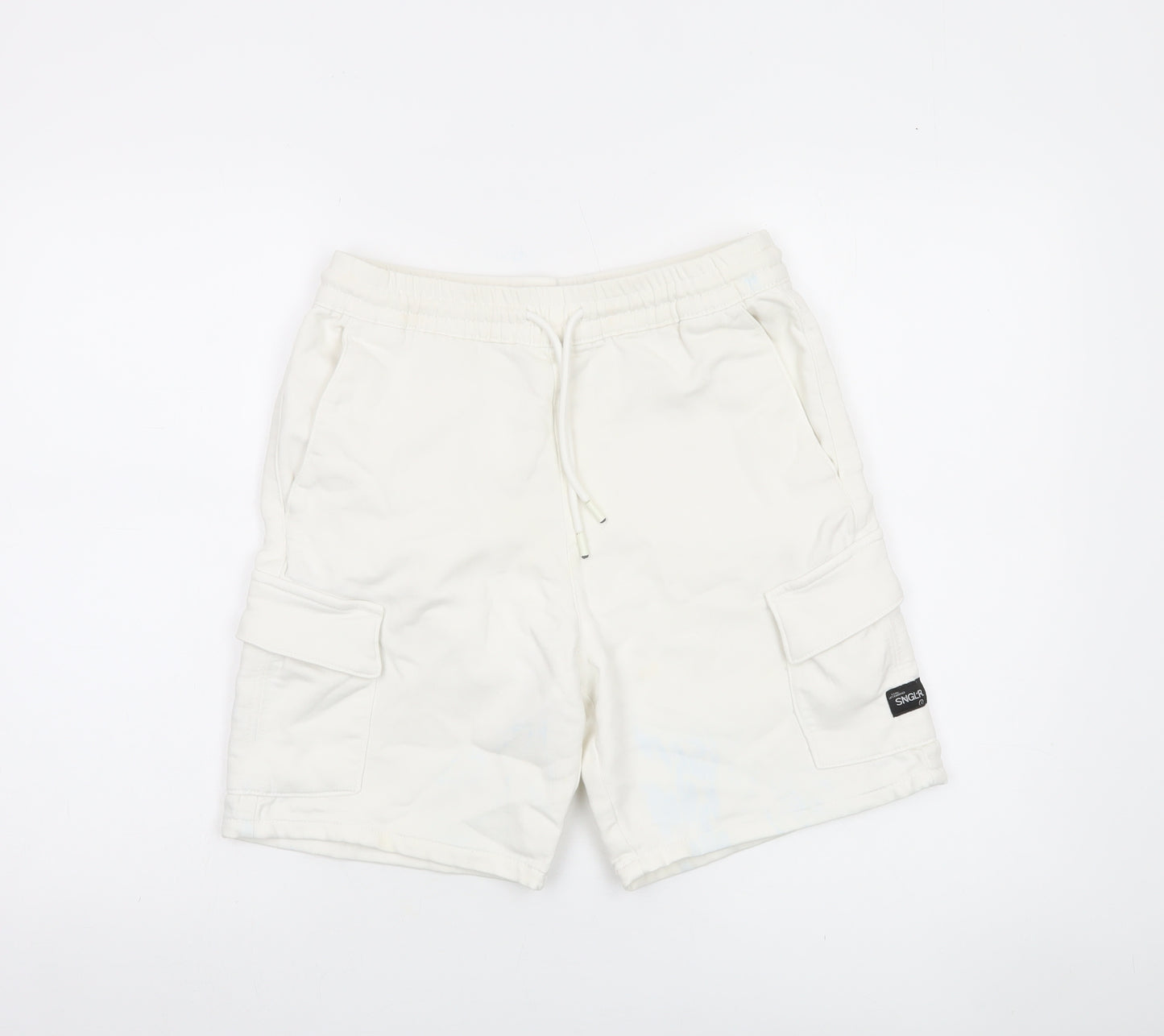 Bershka Men's White Cargo Shorts Small Cotton Blend Drawstring Elastic Waist