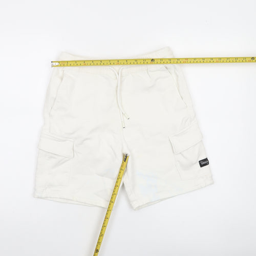 Bershka Men's White Cargo Shorts Small Cotton Blend Drawstring Elastic Waist