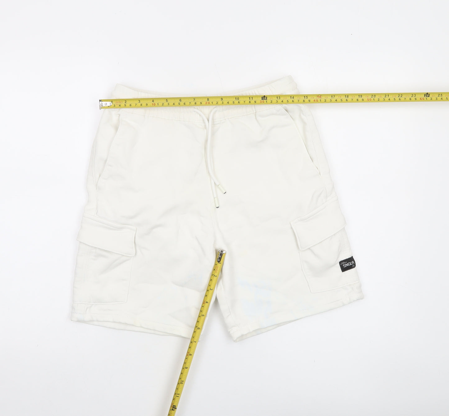 Bershka Men's White Cargo Shorts Small Cotton Blend Drawstring Elastic Waist