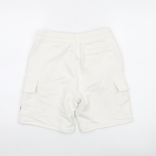 Bershka Men's White Cargo Shorts Small Cotton Blend Drawstring Elastic Waist
