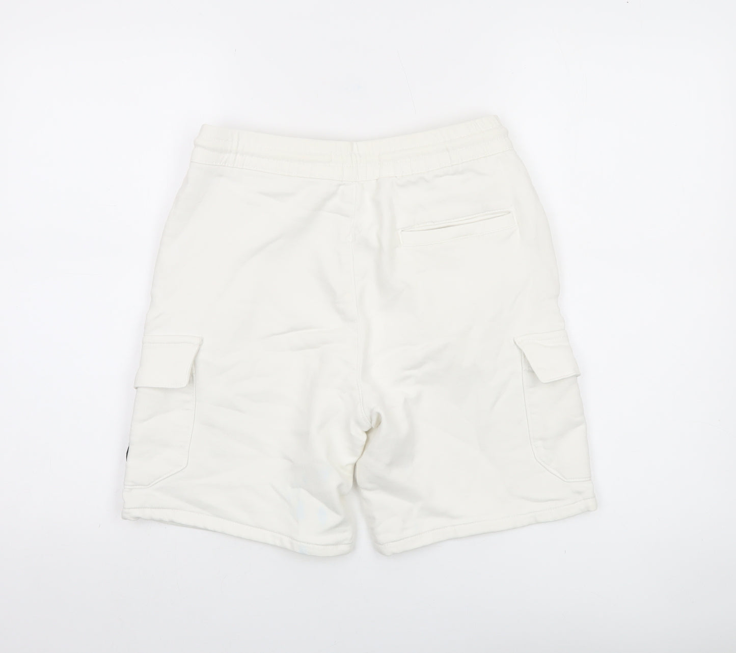 Bershka Men's White Cargo Shorts Small Cotton Blend Drawstring Elastic Waist