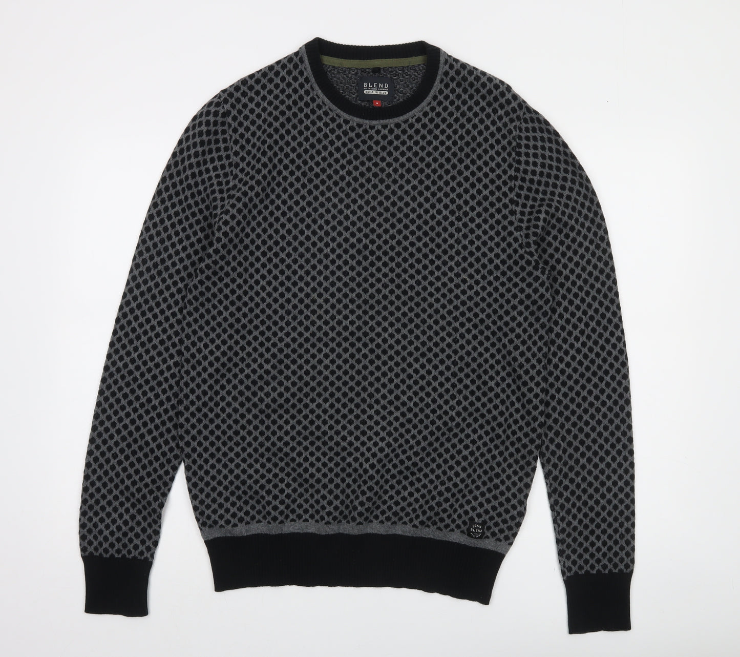 Blend Men's Grey Geometric Knit Cotton Pullover Jumper Size M