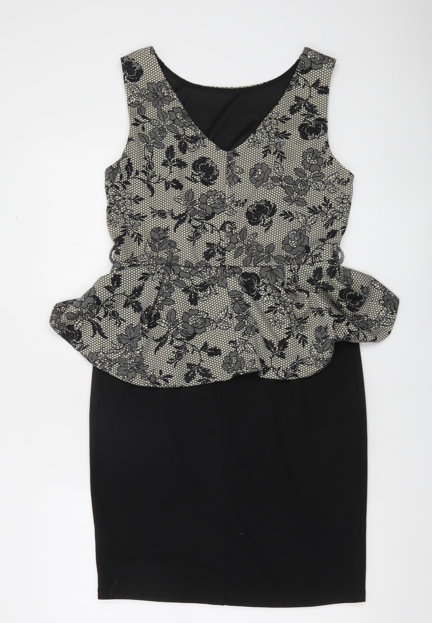 Billie & Blossom Women Black Floral Peplum Knee Length Dress Size 14